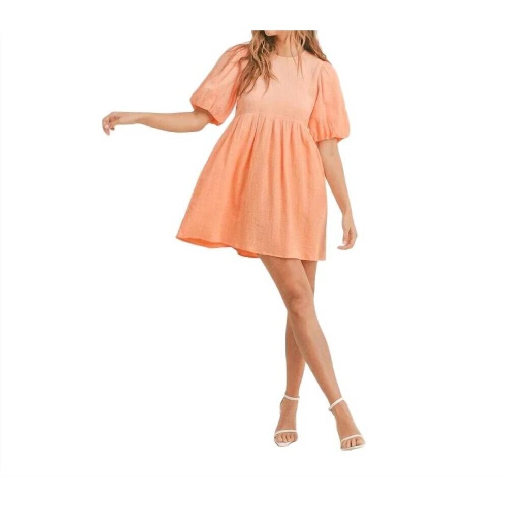 Mable Renee Puff Sleeve Babydoll Dress in Orange Size M